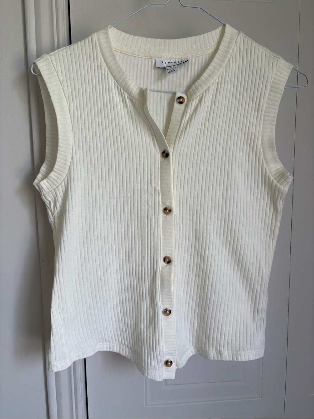 Topshop Cream Ribbed Button-Front Sleeveless Top